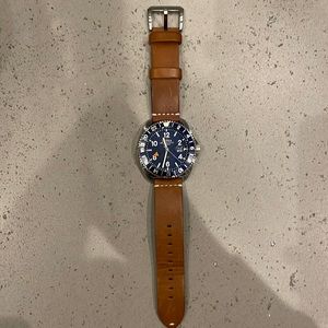Men’s Shinola Watch, Navy Face w/Tan leather band and silver accents